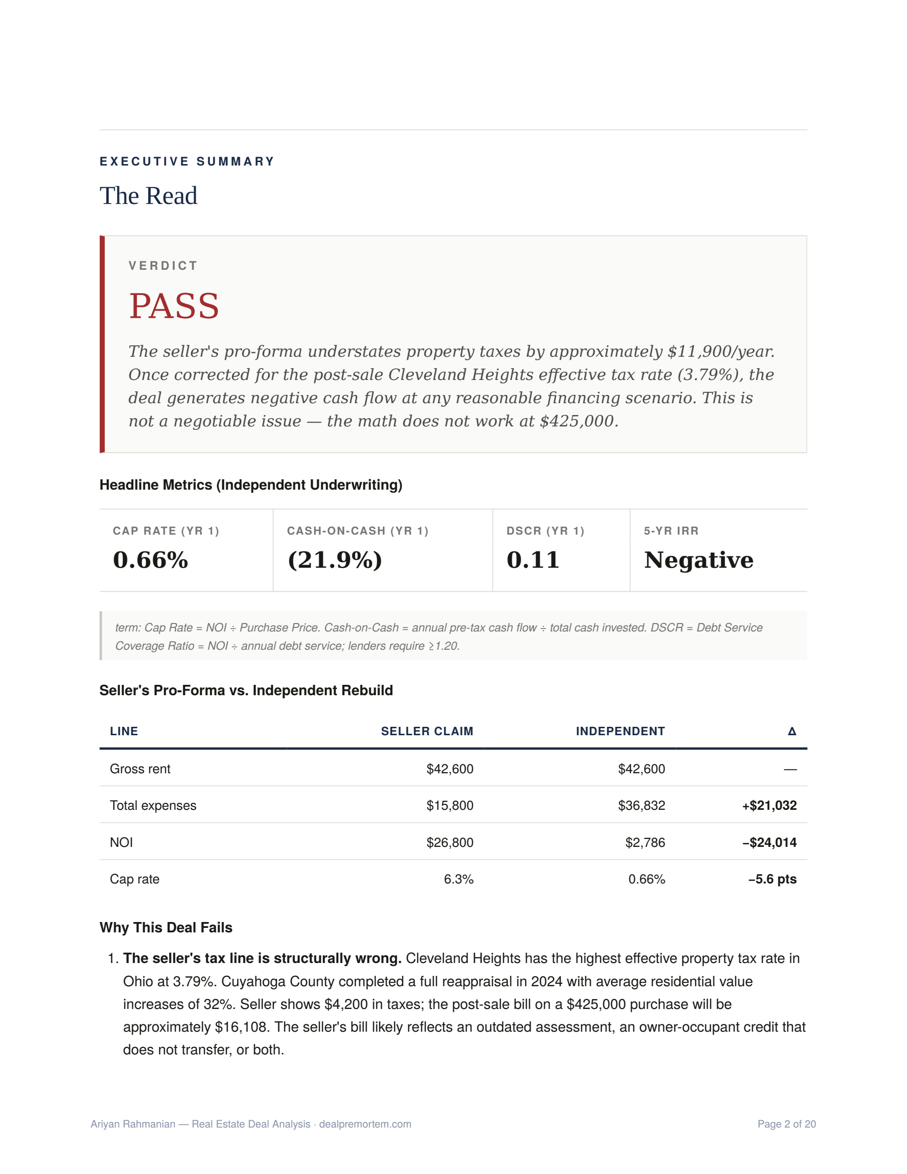 Executive summary page from a premortem report